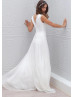 Ivory Eyelash Lace Chiffon V Neckline Floor Length Wedding Dress